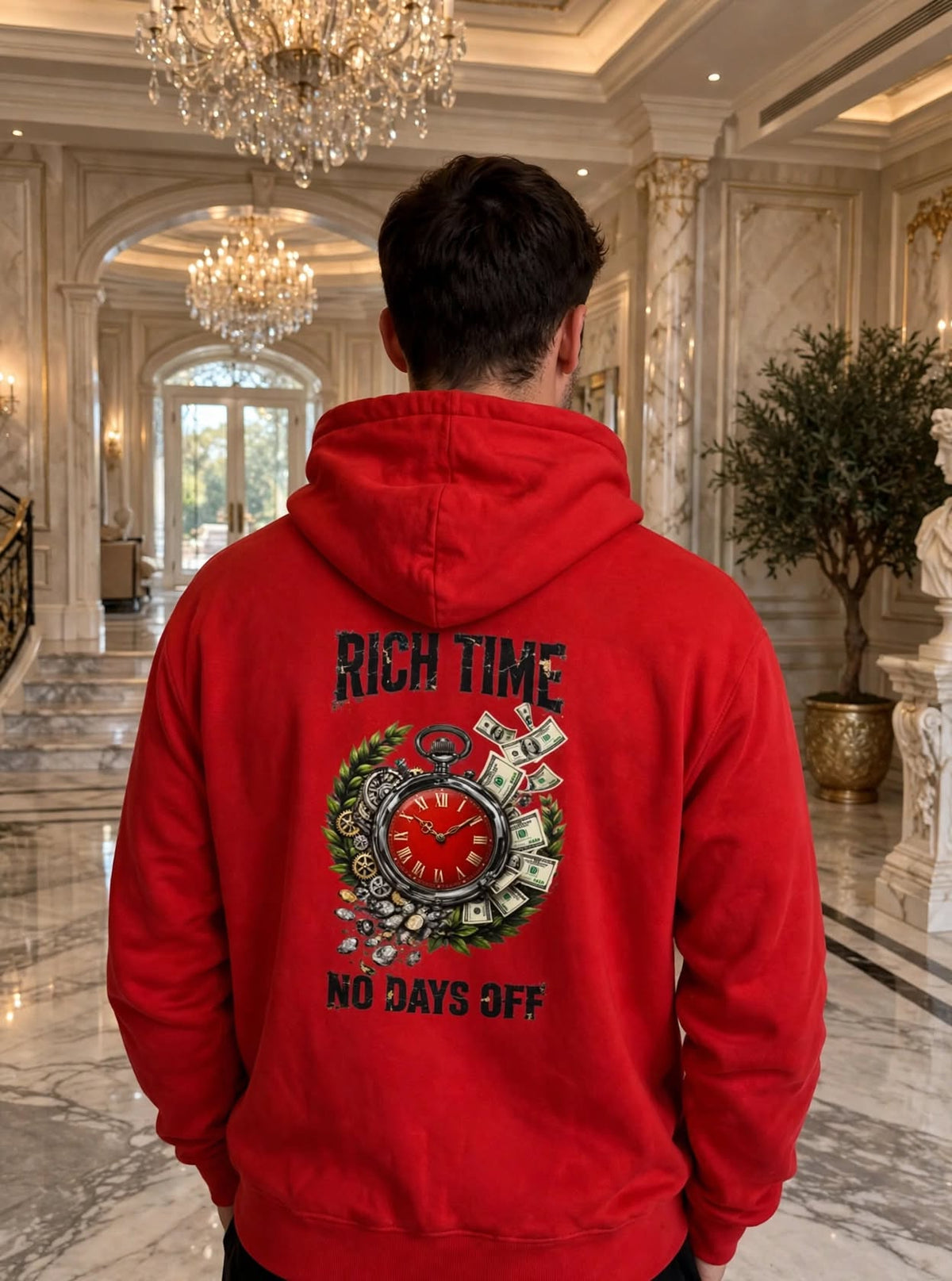 Rich Time "No Days Off"  Luxury Red Hoodie - Money Clock Graphic - Unisex